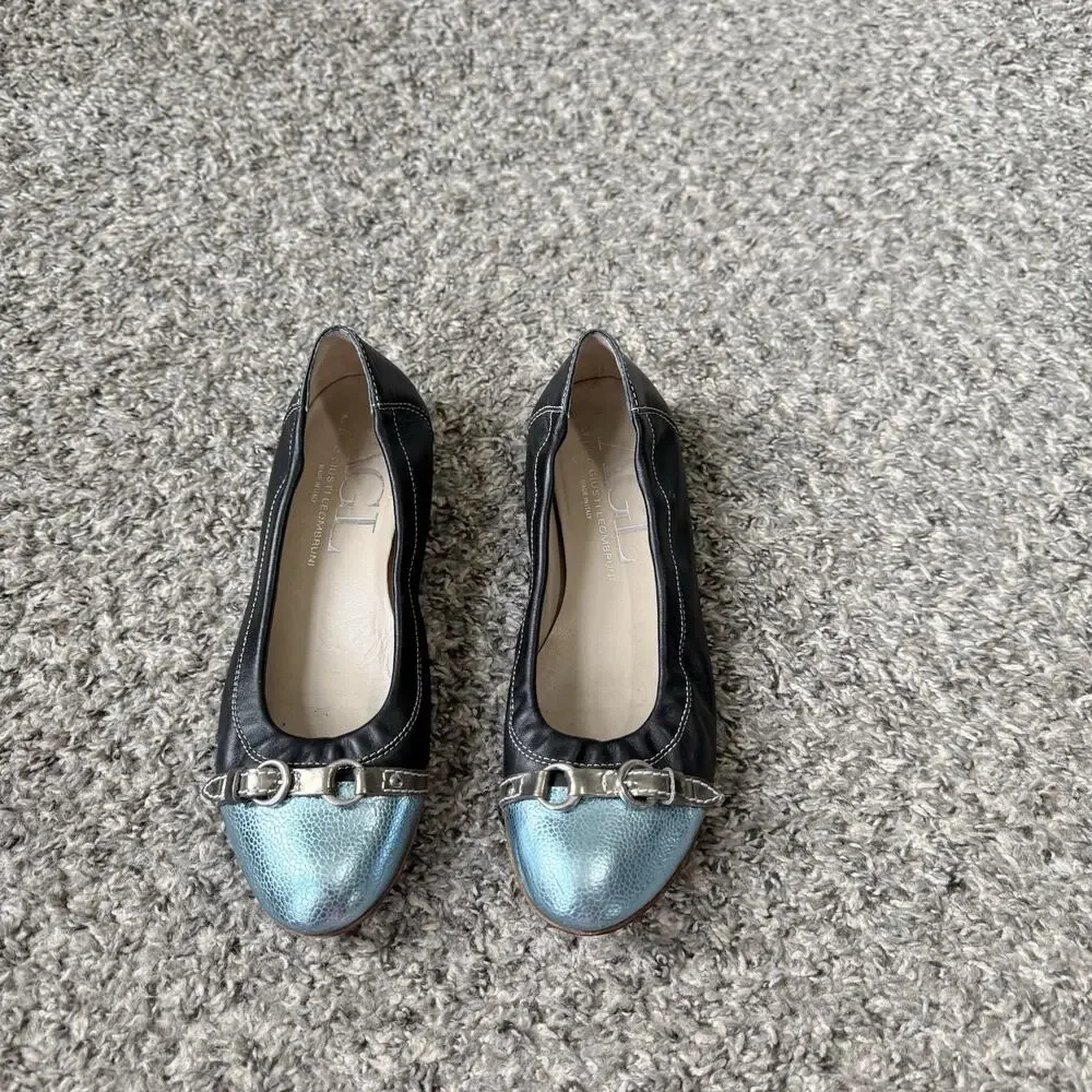 AGL Monika Cap Toe Ballet Leather Flats 38 US 8 Black Blue Accent Slip On Shoe